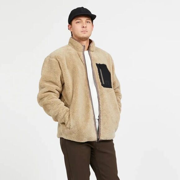 VOLCOM Mens Muzzer Fuzzar Fleece High Pile Zip-Up Jacket Size Medium Khaki Tan - Picture 2 of 8